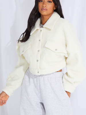 Petite Cream Borg Cropped Trucker Jacket