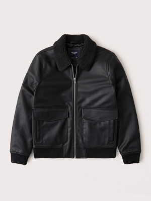 Vegan Leather Sherpa Collar Aviator Jacket