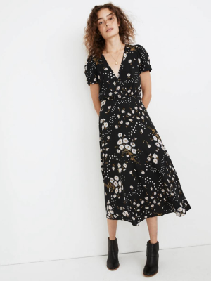 Puff-sleeve Wrap-front Midi Dress In Polka Daisies