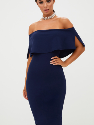 Navy Bardot Frill Midi Dress