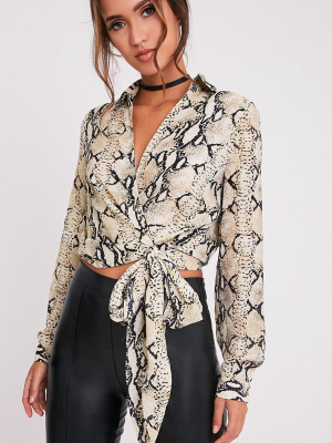 Avalyn Taupe Snake Print Tie Waist Blouse