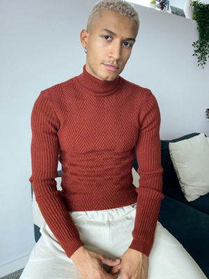 Asos Design Knitted Chevron Rib Turtleneck Sweater In Rust