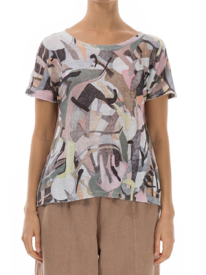 Short Sleeves Pastel Art Linen Top