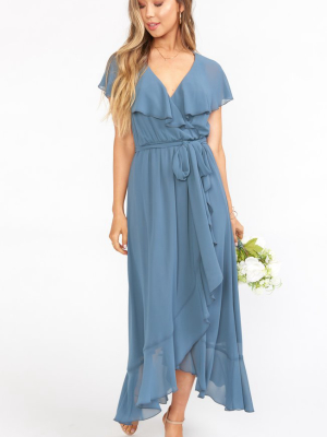 Jess Ruffle Midi Dress ~ Slate Blue Chiffon