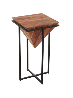 26" Pyramid Shape Wooden Side Table With Cross Metal Base Brown/black - The Urban Port