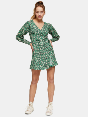 Petite Green Floral Print Wrap Jersey Mini Dress