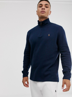 Polo Ralph Lauren Multi Player Logo Fine Rib Half-zip Knit Sweater In Navy