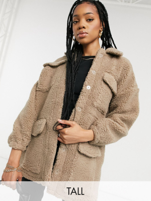 Missguided Tall Teddy Shacket In Sand