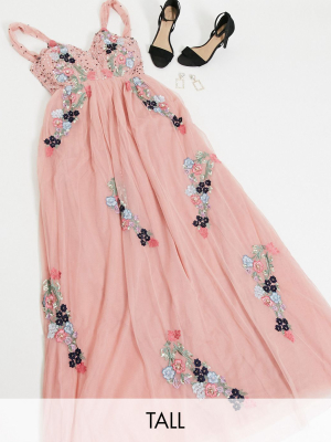 Maya Tall Plunge Front Contrast Floral Embellished Maxi Dress In Pink