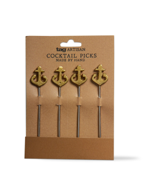 Tag Anchor Cocktail Pick Set Of 4 Stainless Steel With Gold Plated Finish Reusable