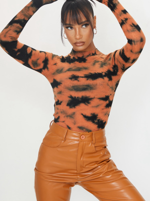 Orange Tie Dye Ribbed Knitted Funnel Neck Sweater