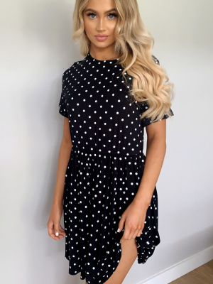 Black Polka Dot Frill Detail Smock Dress