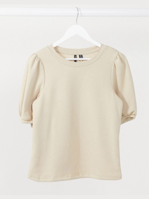 Vero Moda Sweatshirt Top With Puff Sleeves In Camel