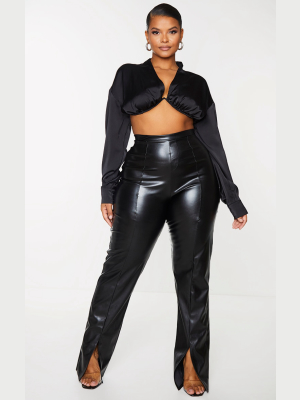 Plus Black Cup Detail Satin Long Sleeve Crop Top