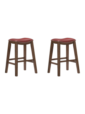 Homelegance 29" Counter Height Wooden Saddle Seat Barstool, Red Brown (2 Pack)