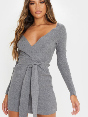 Grey Wrap Front Rib Knit Belted Dress