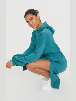 Dark Teal Sweat Hoodie Split Midi Dress