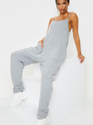 Grey Brushed Rib Strappy Pocket Jumpsuit