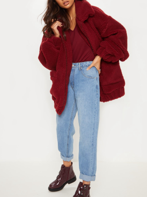 Burgundy Oversized Borg Pocket Front Coat