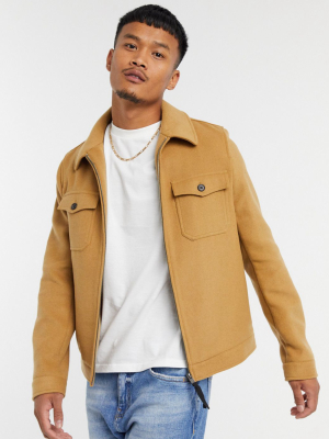 Asos Design Wool Mix Harrington Shacket In Camel