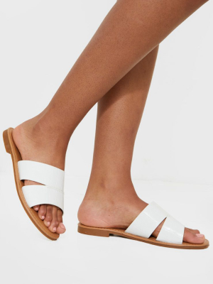 White Croc Wide Fit Double Strap Mule Flat Sandal