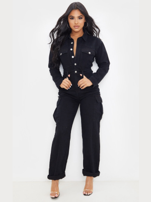 Petite Black Denim Wide Leg Jumpsuit