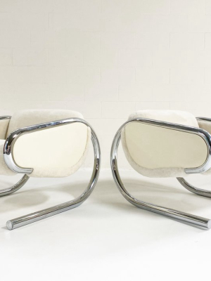 Chrome Lounge Chairs In Shearling And Leather