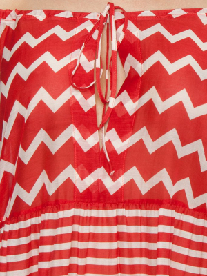 Zig-zag Off Shoulder Long Sleeve Maxi Dress - Red/white Chevron/stripe Print