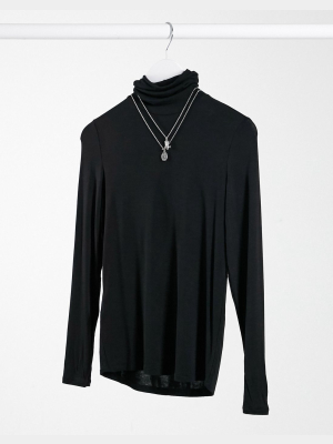 Mango Long Sleeved Roll Neck T-shirt In Black