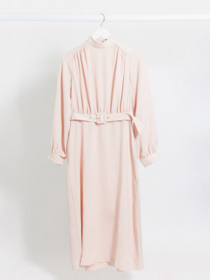 Closet London High Neck Belted Midi Dress In Mink