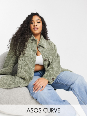 Asos Design Curve Bonded Sherpa Shirt Jacket In Sage