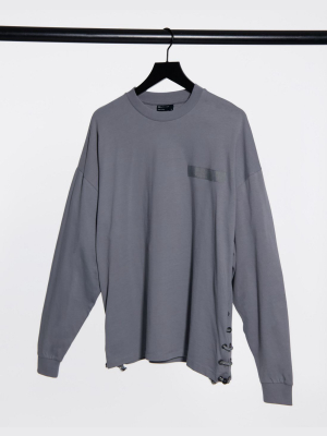 Asos Design Long Sleeve Oversized T-shirt With Bungee Cord Side Seam In Gray