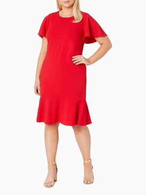 Plus Size Scuba Crepe Flutter Sleeve Ruffle Hem Dress