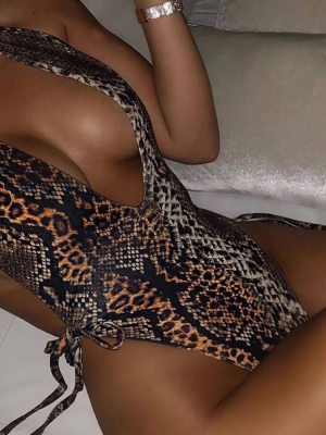 Vintage Snake Low Back Tie String Deep V Brazilian One Piece Swimsuit