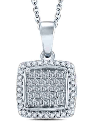 Pompeii3 3/4 Cttw Princess Cut Pave Diamond Halo Pendant 10k White Gold 1" Tall