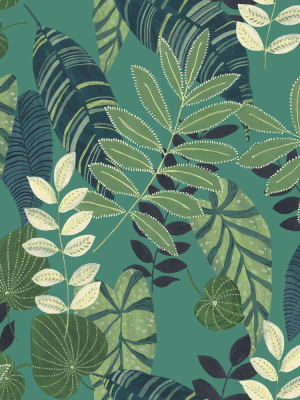 Tropicana Leaves Wallpaper In Jade, Rosemary, And Spruce From The Boho Rhapsody Collection By Seabrook Wallcoverings