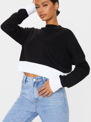 Black Colour Block Hem Funnel Neck Crop Jumper