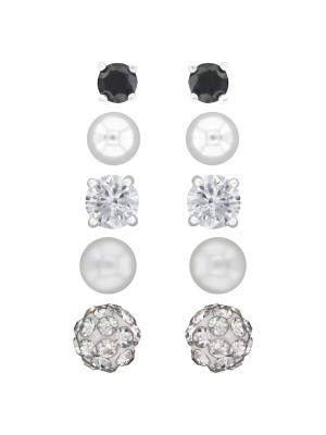 Button Sterling Cubic Zirconia/crystal And Pearl Earring Set 5pc - Silver/white/black