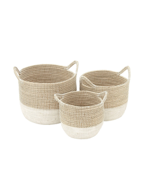 Olivia & May Set Of 3 Large Round Dip Dyed Seagrass Baskets With Handles White/natural