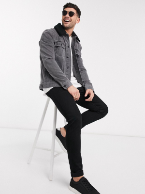 Asos Design Denim Jacket With Detachable Fleece Collar In Gray