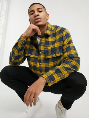 Asos Design Brushed Flannel Overshirt In Blue And Yellow Tartan Plaid With Chest Pockets