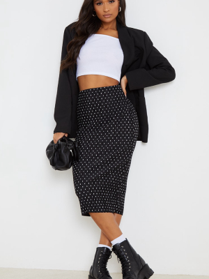 Black Polka Plisse Printed Midi Skirt