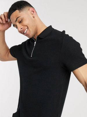 Asos Design Jersey Heavyweight Waffle Polo With Zip In Black