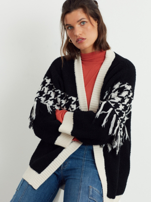 Tobi Houndstooth Fringed Cardigan