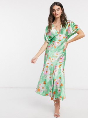 Asos Design Puff Sleeve Satin Maxi Tea Dress In Green Floral Print