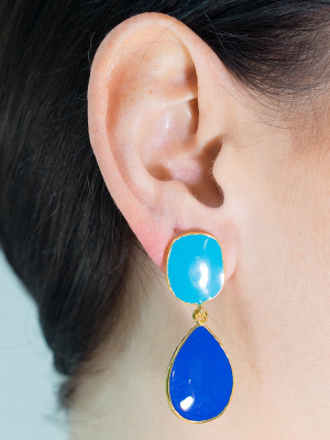 Turquoise And Lapis Enamel Drop Pierced Or Clip Earrings