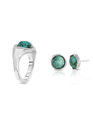 Geometric Turquoise Ring + Round-cut Earrings