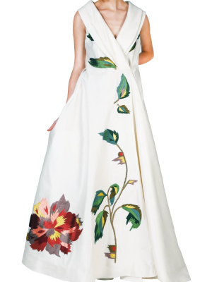 Floral Embroidery Overlap Neck Gown