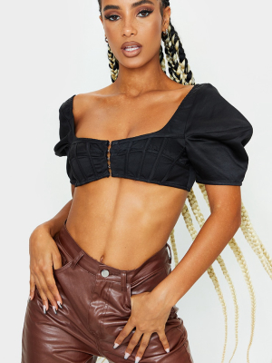 Black Satin Short Puff Sleeve Crop Top