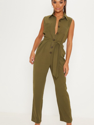 Khaki Tortoiseshell Button Sleeveless Jumpsuit